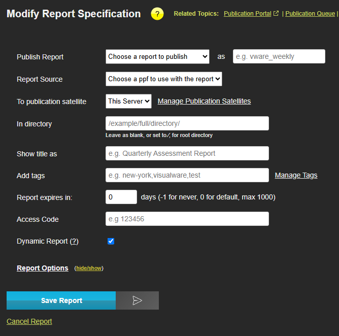 Report specification page