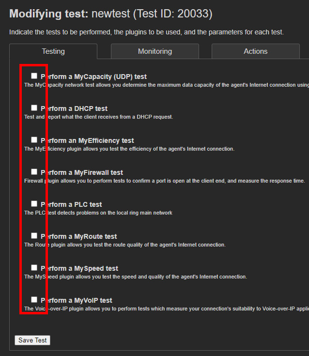 Test selection checkboxes