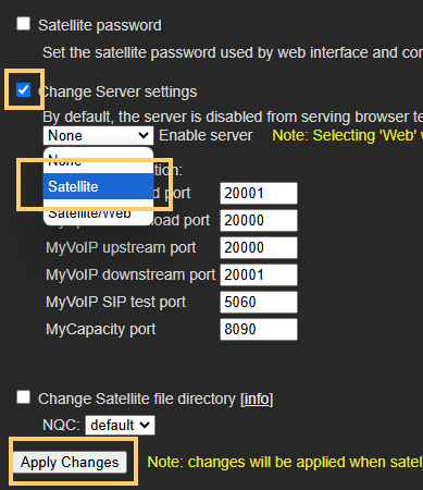 Change Server Setting dropdown with Satellite selected