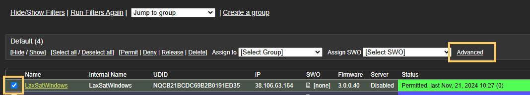 Satellite list with Advanced link