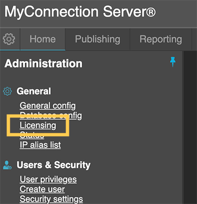 Licensing option in Administration menu