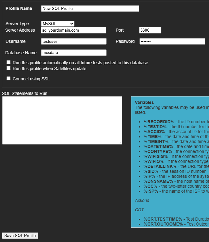 New SQL profile configuration screen