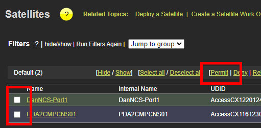 Satellites list showing global Permit link