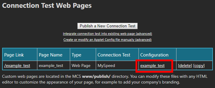 Published tests list showing configuration link