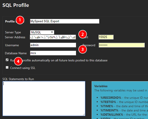 SQL profile connection settings