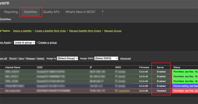 Server column on Satellite page