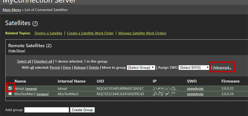 Selecting an Access Device and clicking the Advanced link