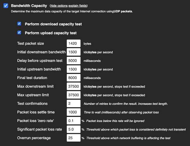Capacity test configuration options