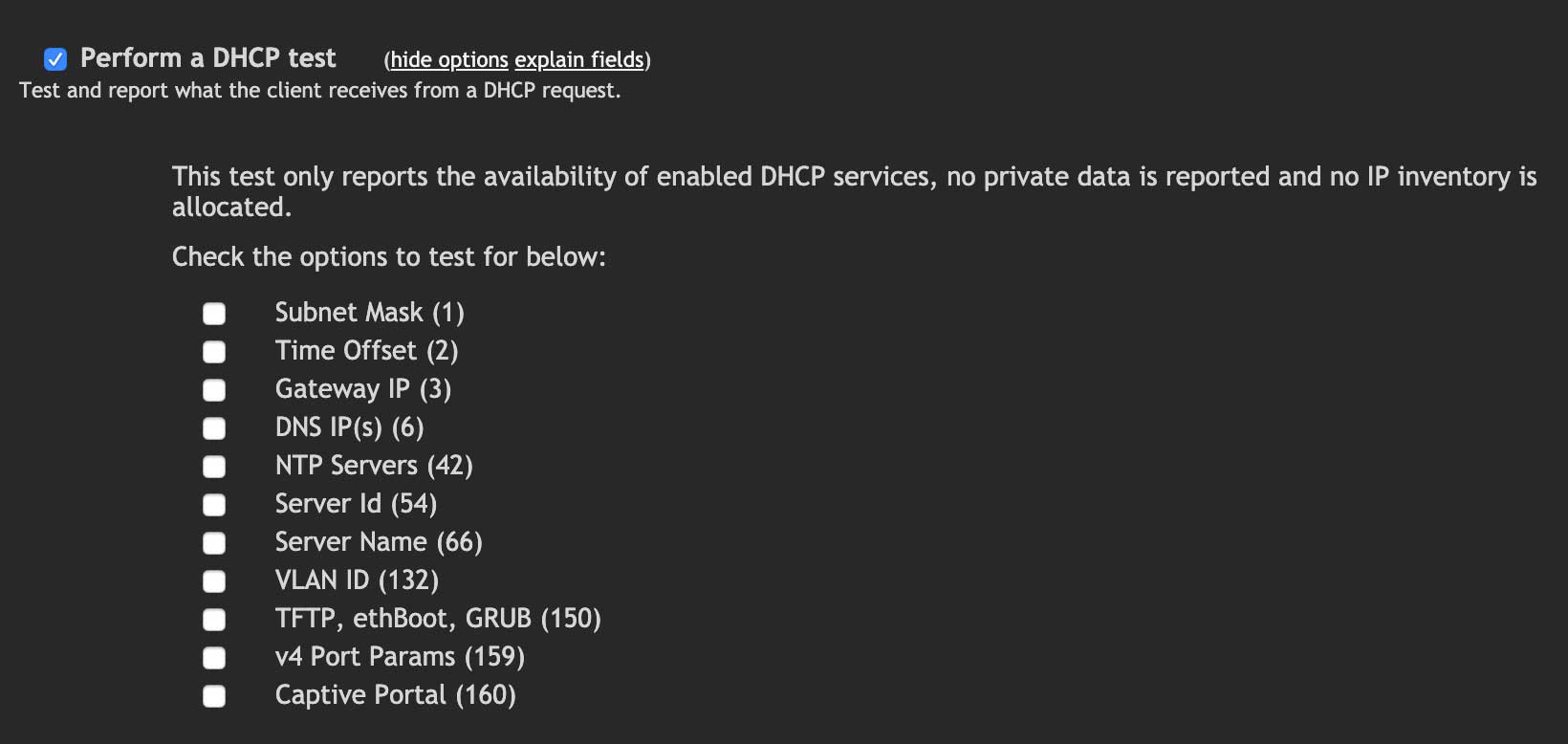 DHCP test configuration options