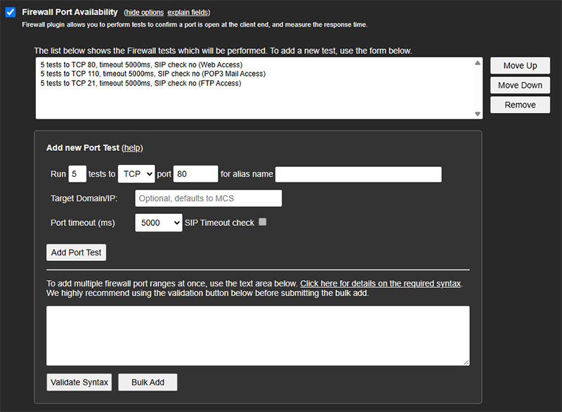 Firewall test configuration options