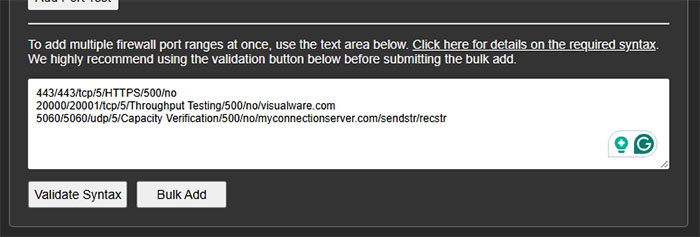 Bulk add port tests text area