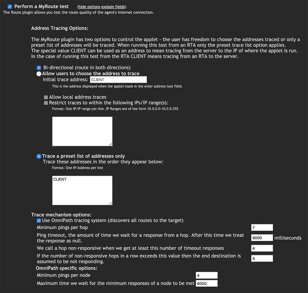 Route test configuration options