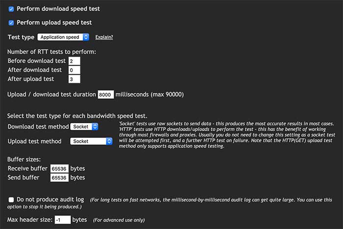 Speed test configuration options