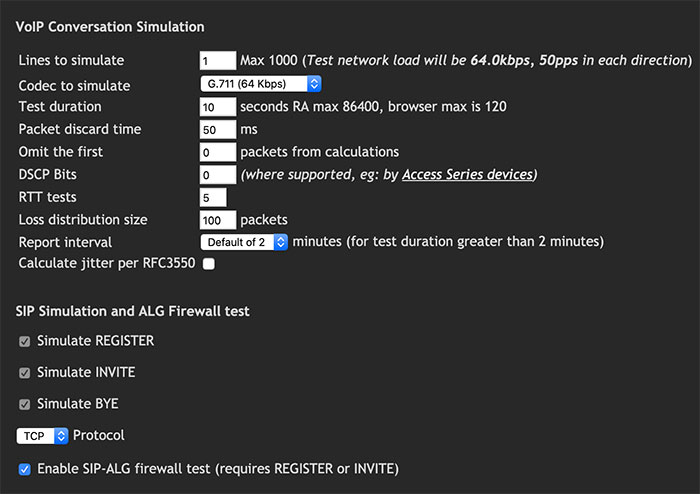VoIP test configuration options