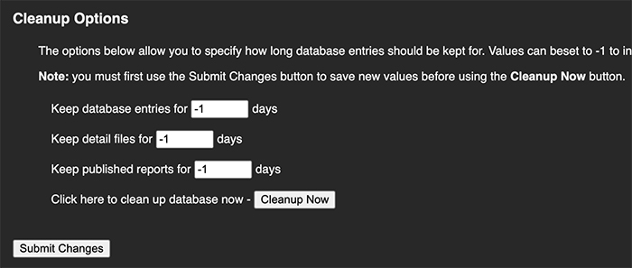 Database cleanup options showing retention settings for entries, details, and reports