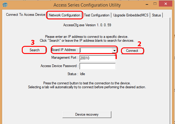 AccessCfg utility dialog showing board IP address field, connect button, and network configuration tab