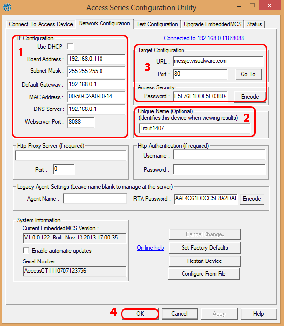 Network configuration tab showing DHCP, unique name, and server IP settings