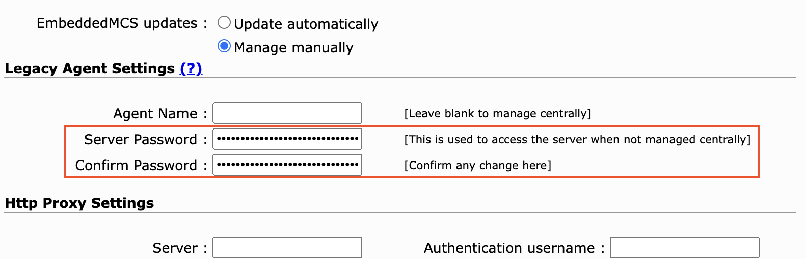 Legacy agent password display showing encrypted, obfuscated values