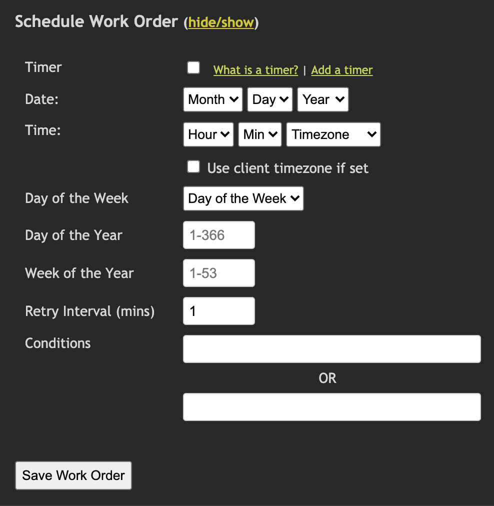 Schedule work order options with date, time, and calendar settings
