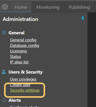 Security Settings link in the MCS Administration menu