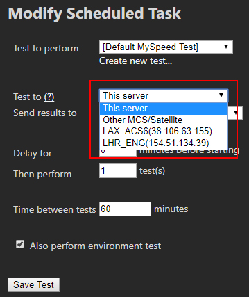 Test To drop-down menu showing available server options